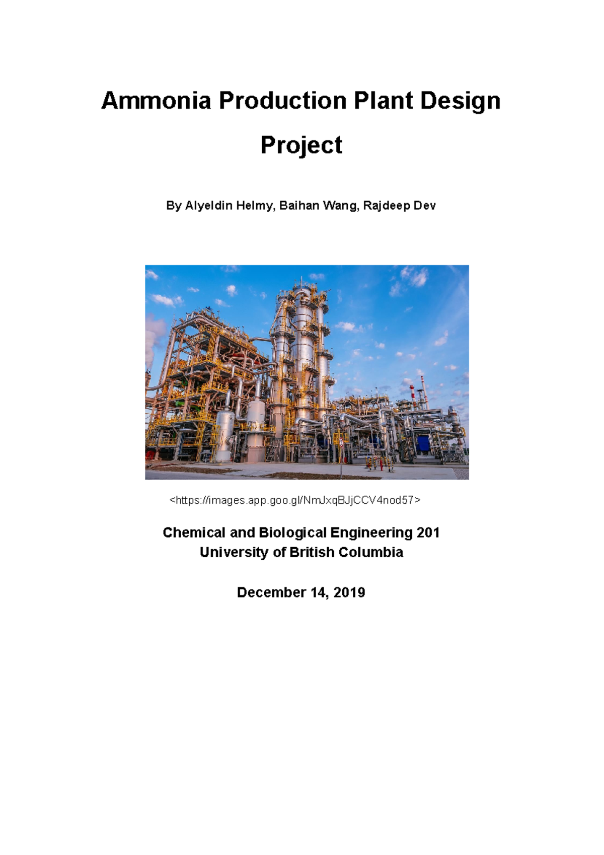 CHBE 201 & 220 - Final Report on Ammonia Production Plant Design - Studocu
