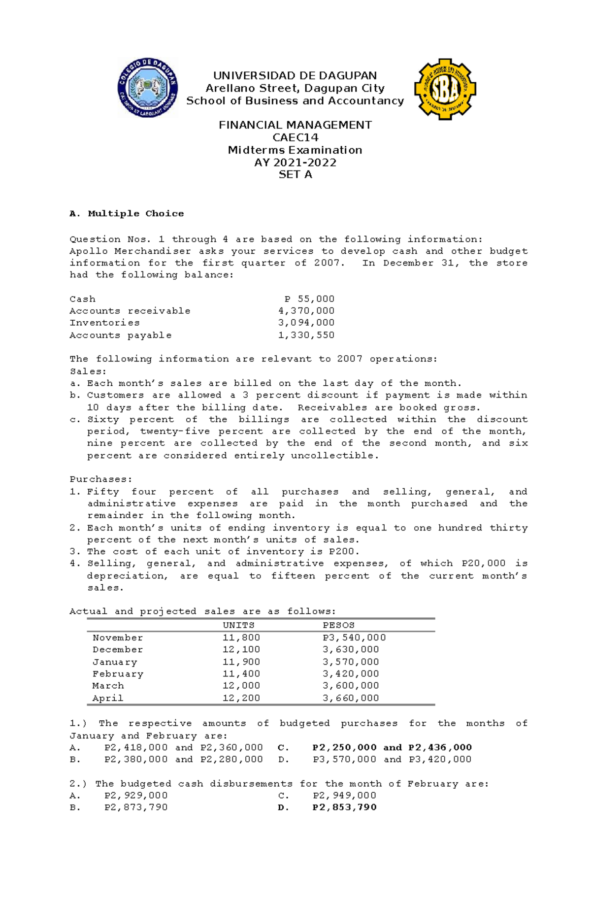 Financial Management - Midterm Exam Set A Answer Key - Studocu