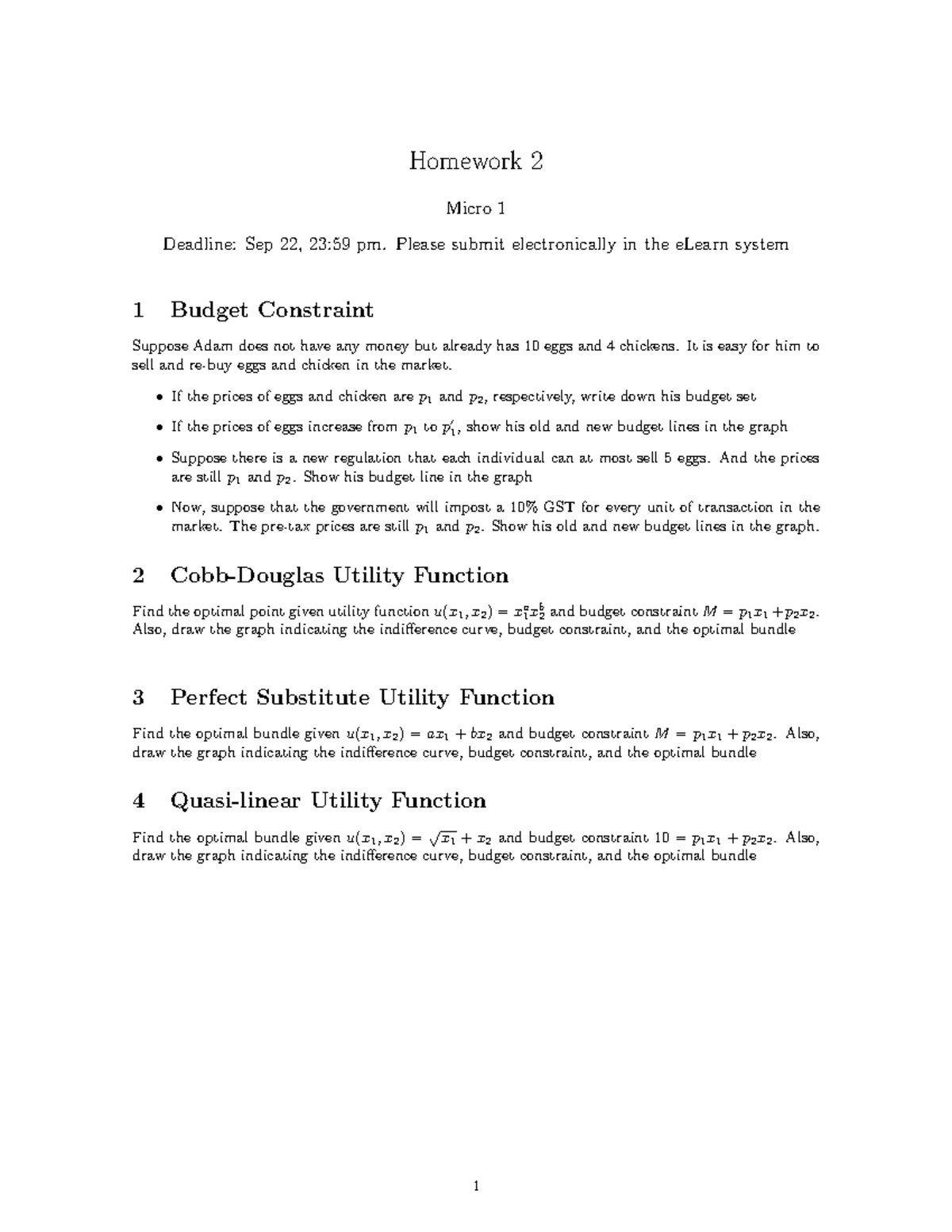 HW 2 - Micro 1: Budget Constraints & Utility Functions Analysis - Studocu
