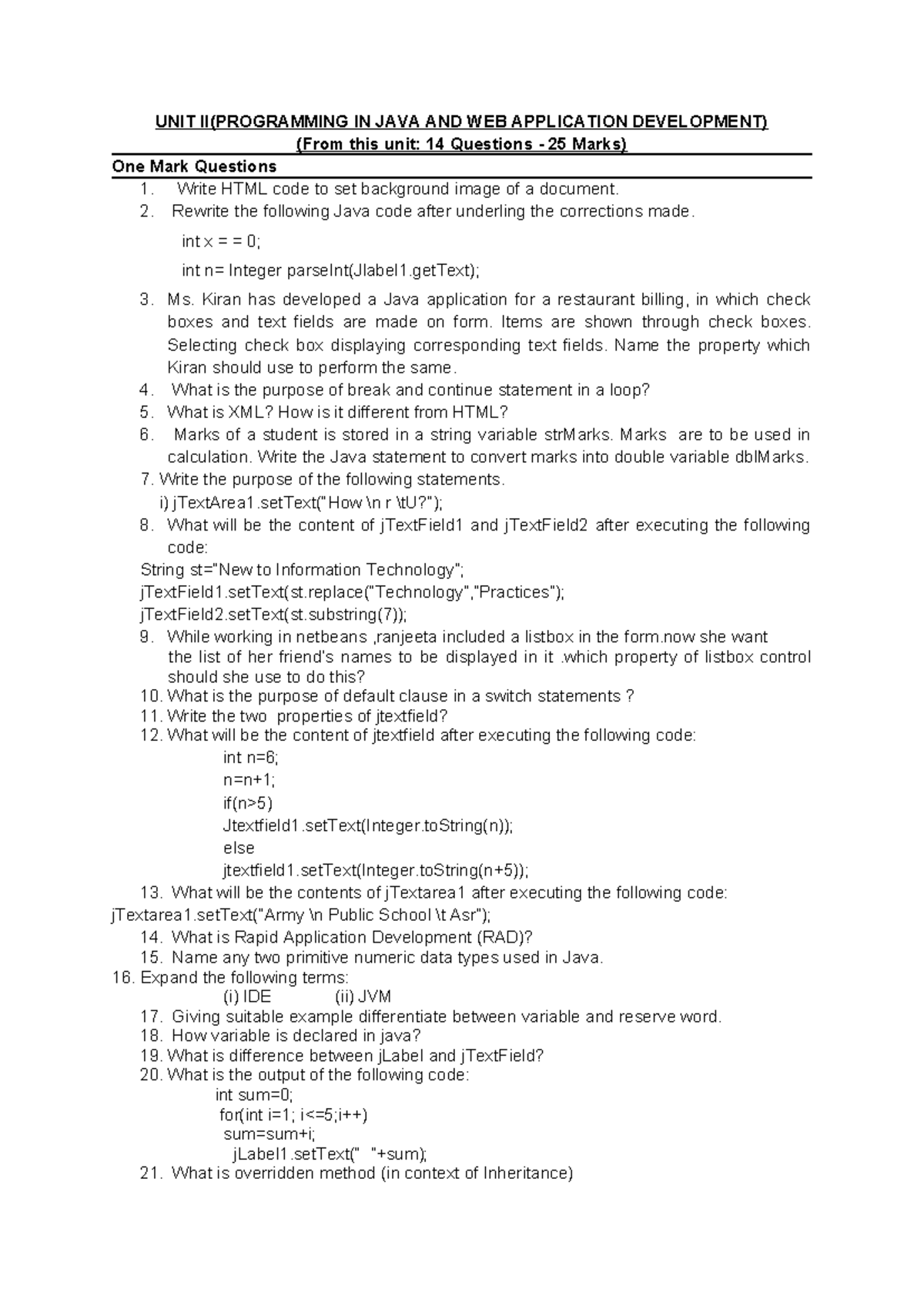 Java & Sql - Questions - UNIT II(PROGRAMMING IN JAVA AND WEB ...