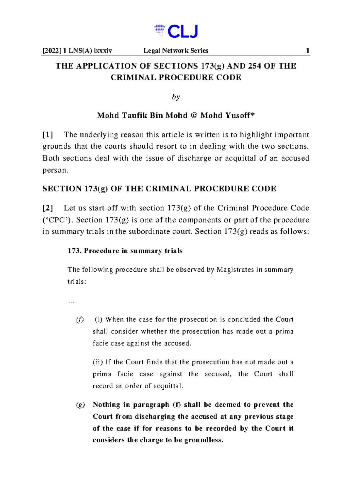 [2022] 1LNS(A) Overview of Sections 173(g) and 254 of CPC - Studocu
