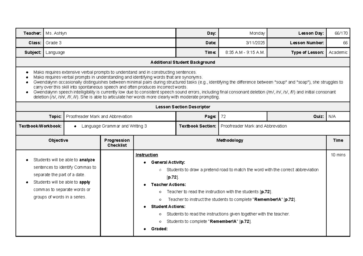Grade 3 Language Lesson Plans: Writing Skills (Lessons 66-69) - Studocu