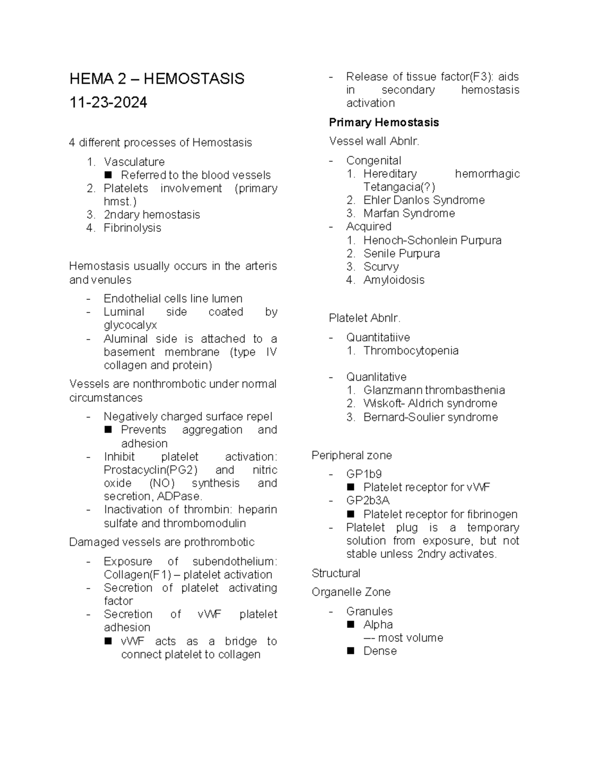 HEMA 2 Hemostasis: Key Processes and Platelet Functions - Studocu