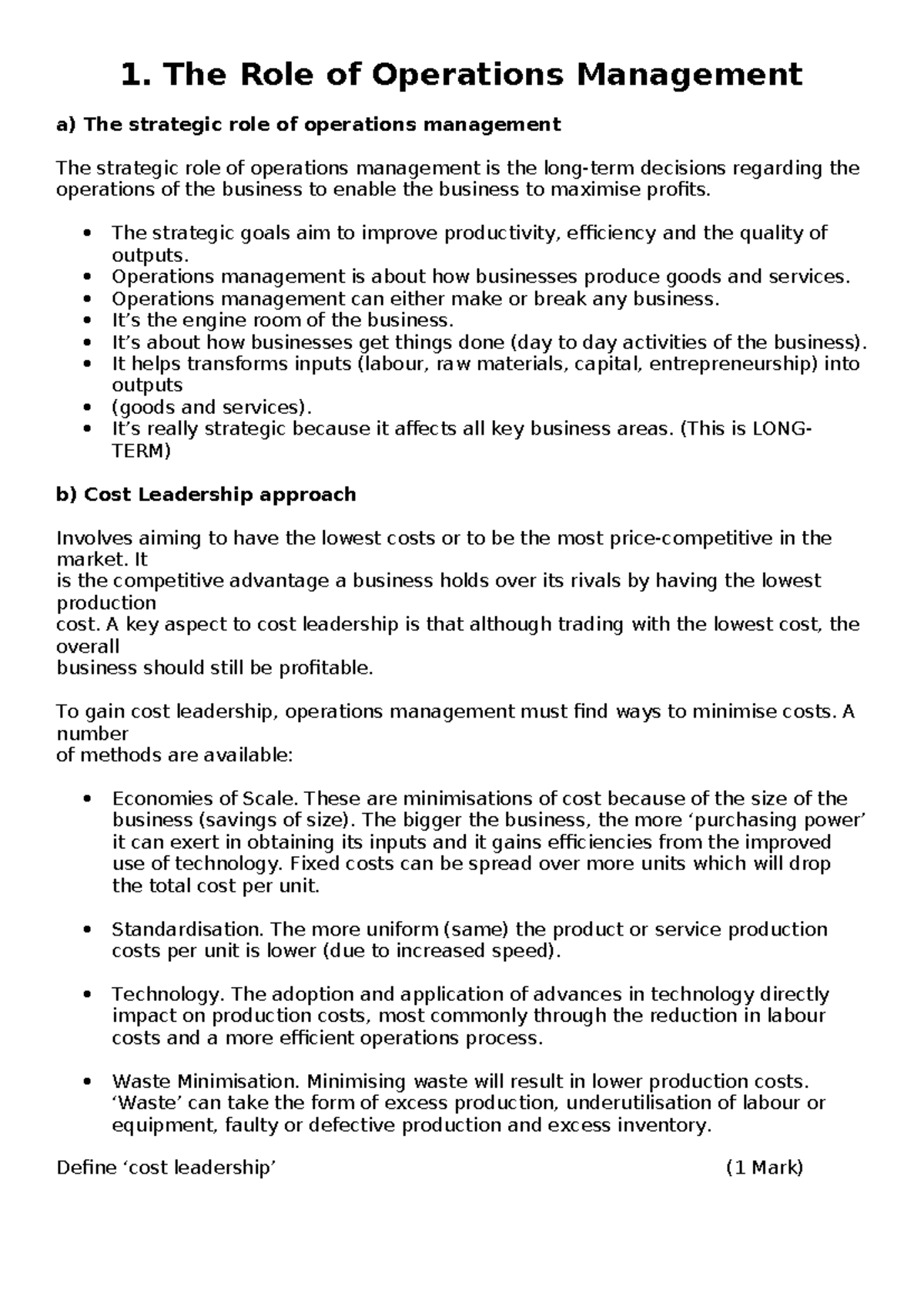 Operations Management Notes: Strategic Role & Cost Leadership - Studocu