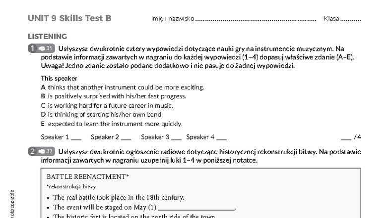 UNIT 9 Skills Test B - Listening & Reading Assessment - Studocu