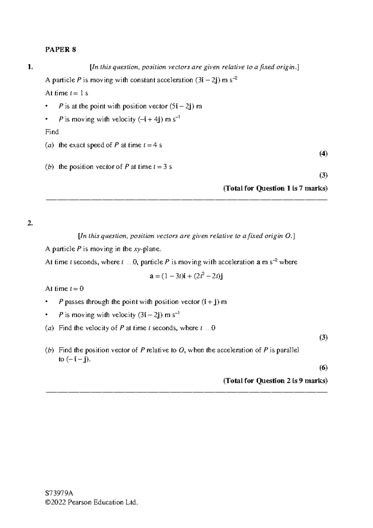 S73979A Paper 8: Motion with Constant Acceleration Problems - Studocu