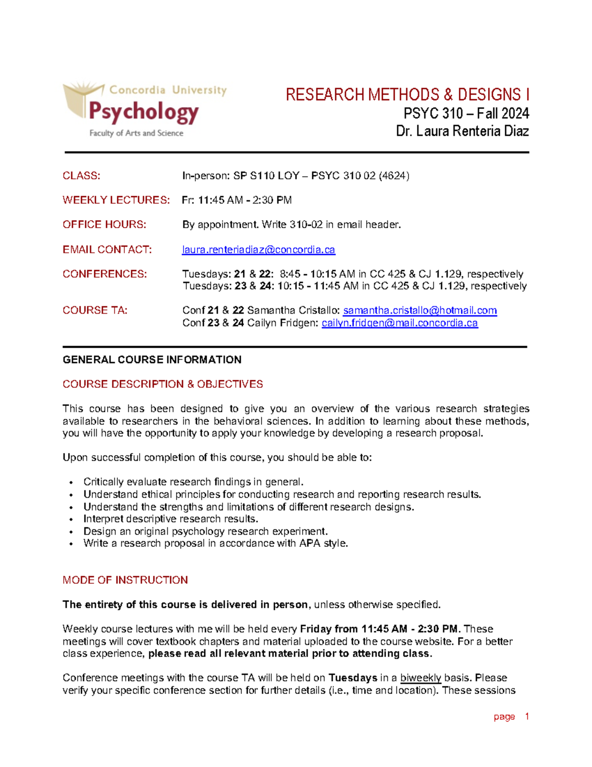 PSYC 310 Fall 2024 Course Outline: Research Methods & Designs I - Studocu