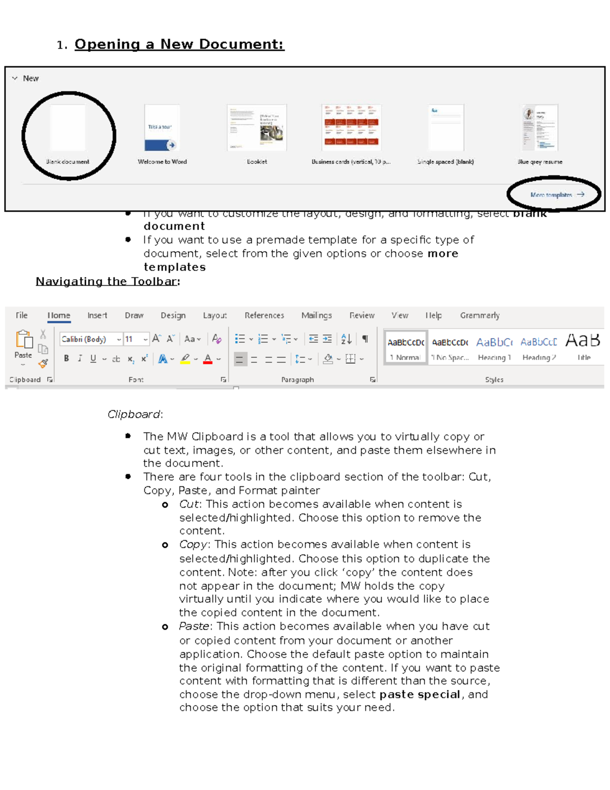 Home, Insert Opition - Important - 1. Opening a New Document: Open ...