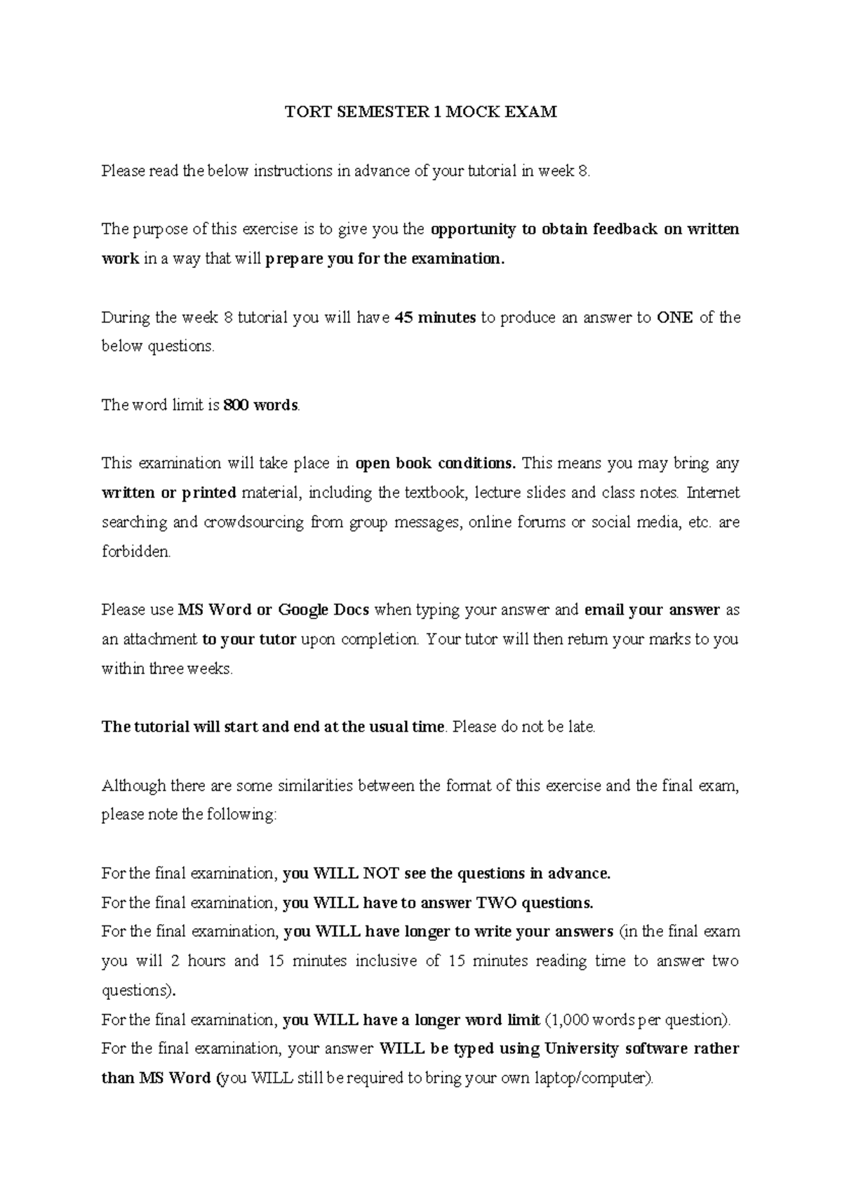 TORT 1 SEMESTER MOCK EXAM: Guidelines & Instructions - Studocu