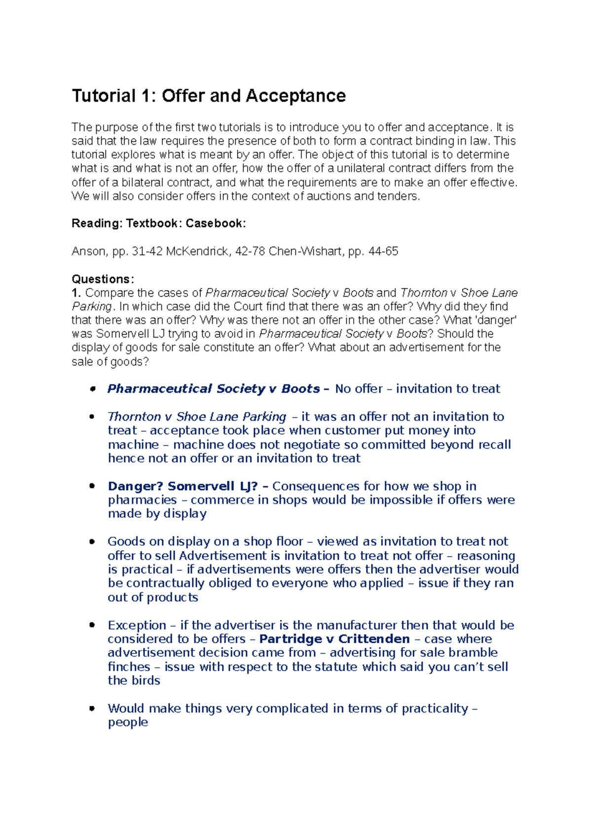 Tutorial 1 Offer and Acceptance - Tutorial 1: Offer and Acceptance The ...