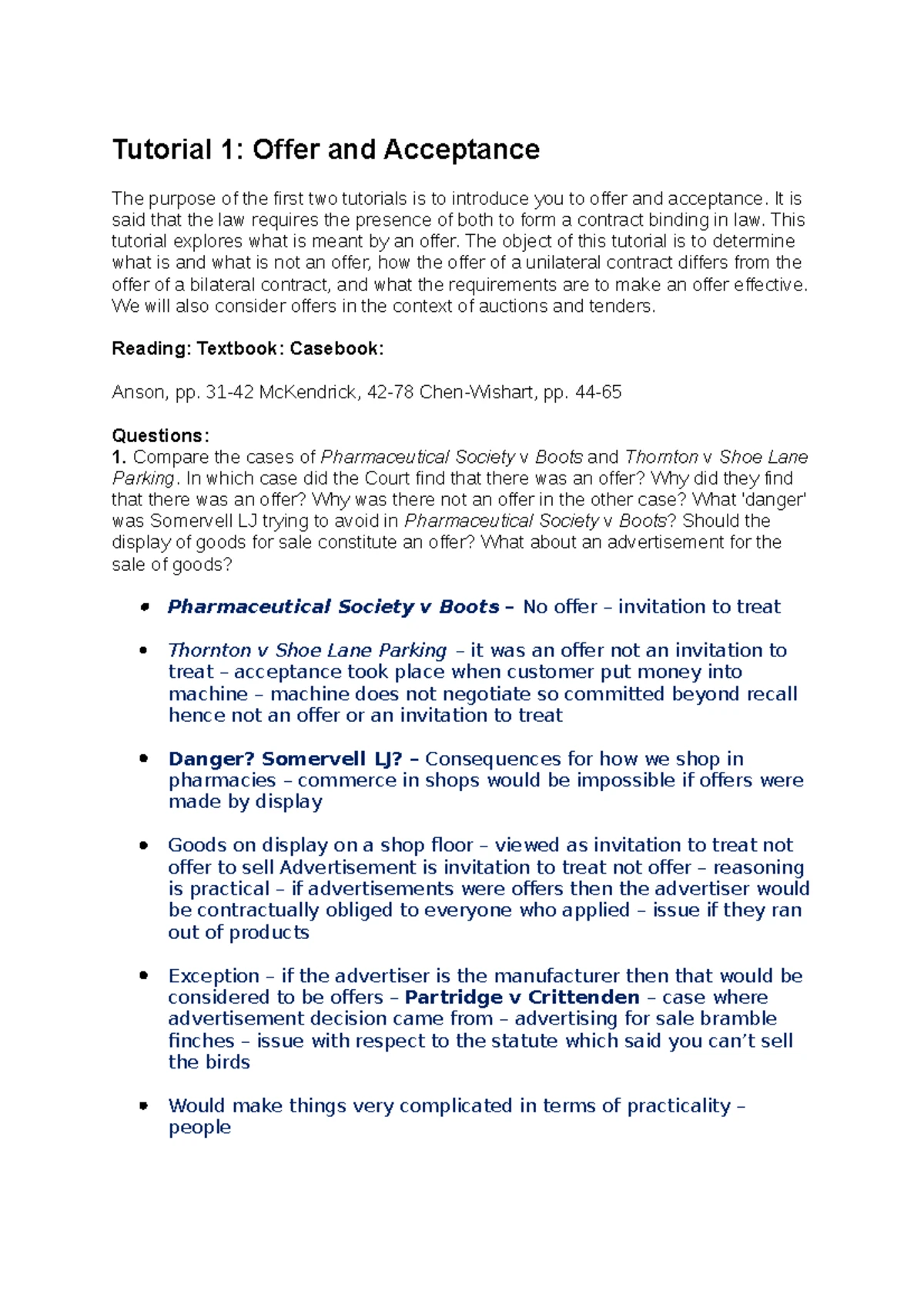T2 Contract Law - Contract Law - Tutorial 2 1) Define “acceptance” of ...