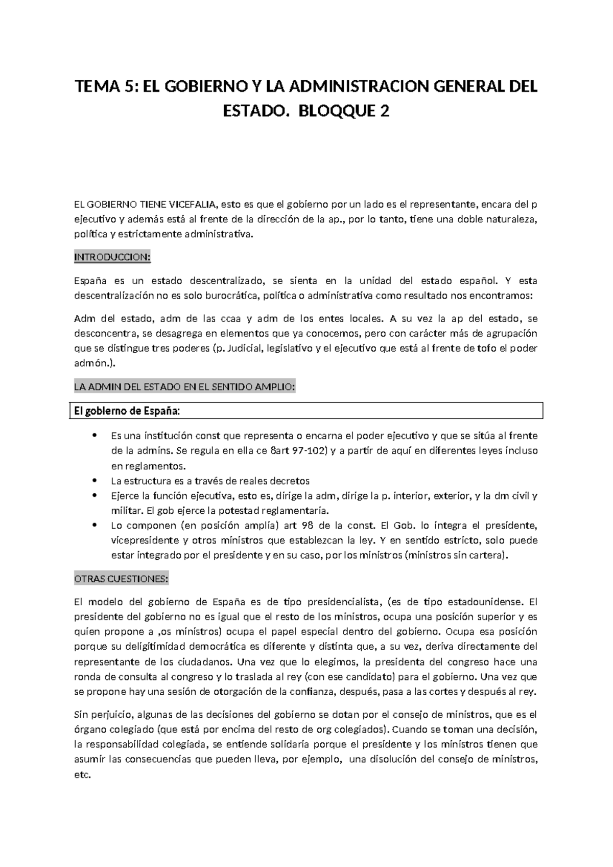TEMA 5: EL GOBIERNO Y LA ADMINISTRACIÓN DEL ESTADO - APUNTES BLOQUE 2 ...
