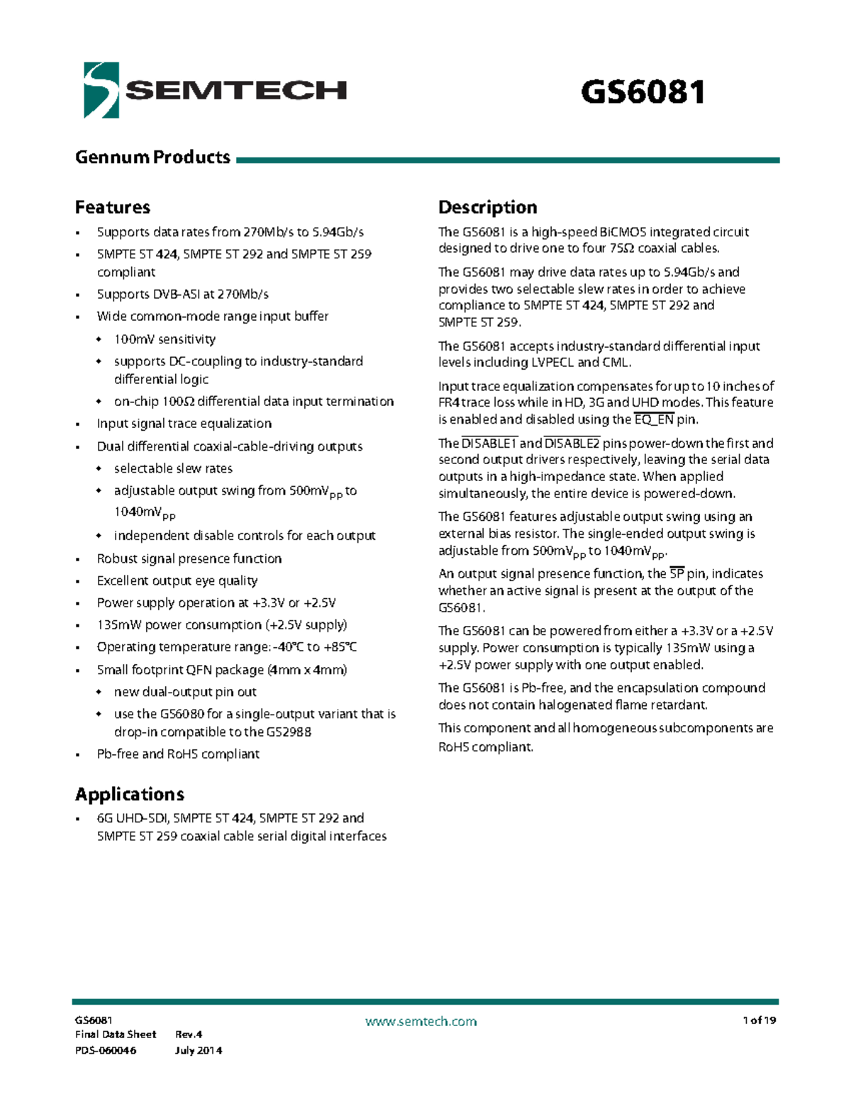 GS6081 Final Data Sheet: Features & Specifications Overview - Studocu