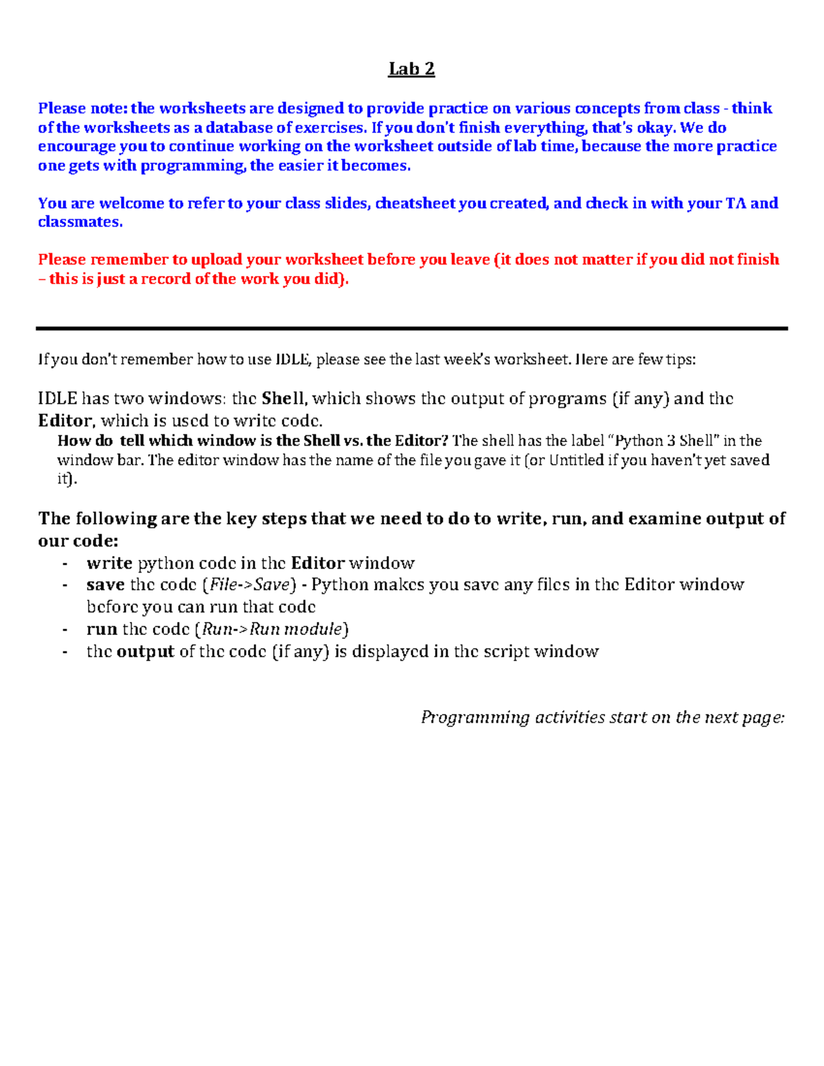 Tutorial 2 Lab Worksheet: Programming Concepts & Exercises - Studocu