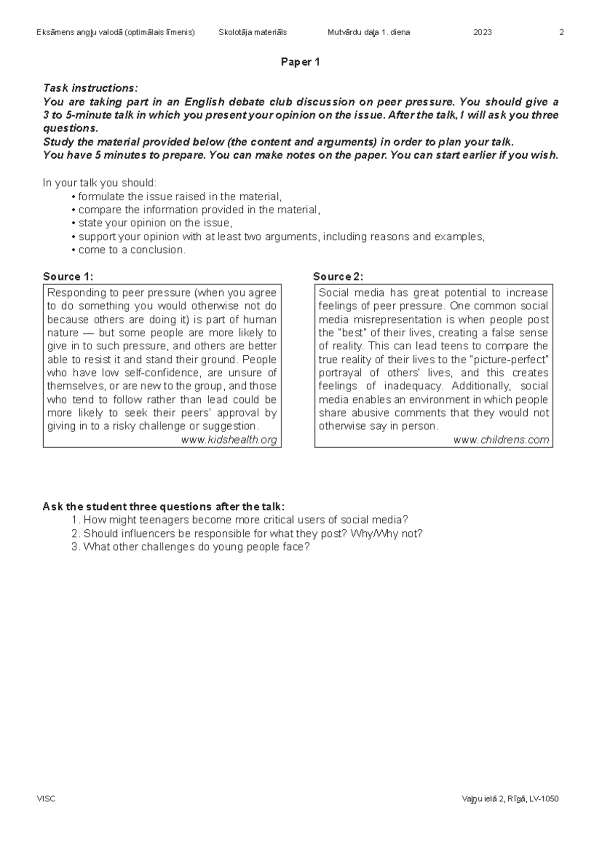 11form speaking exam -questions - Paper 1 Task instructions: You are ...