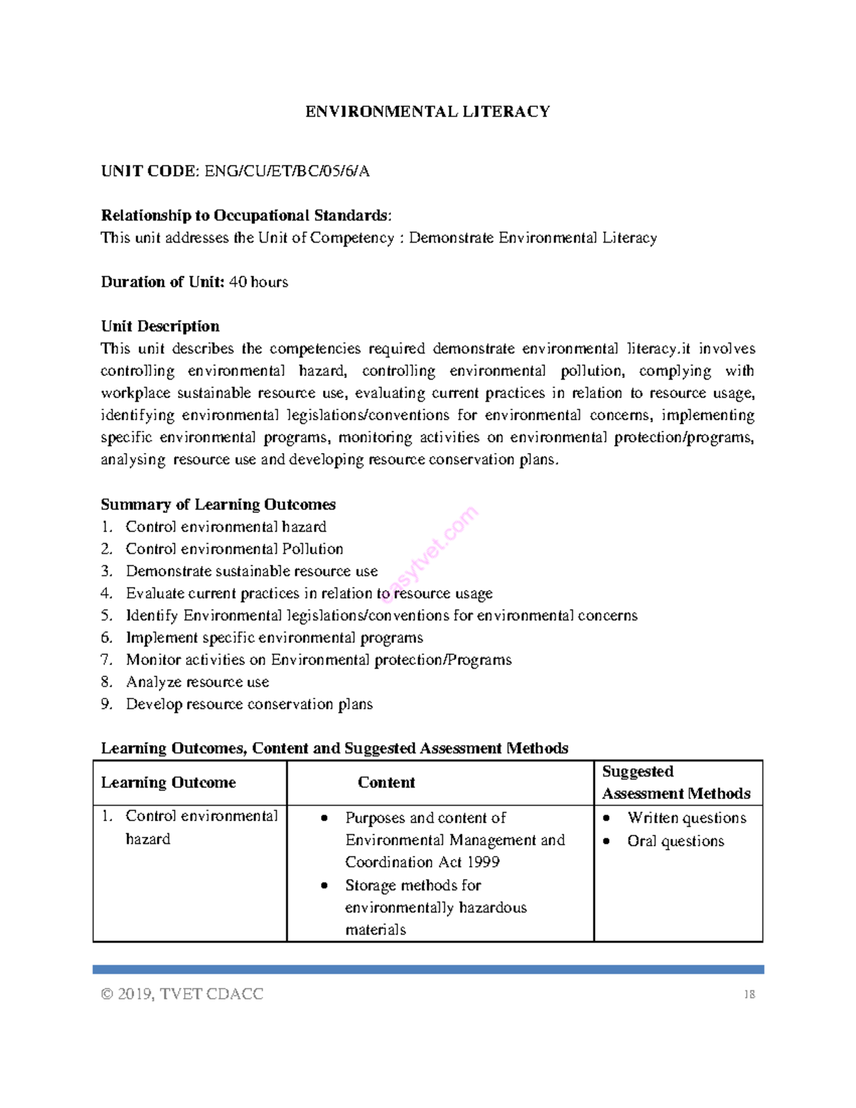Environmental Literacy Course Outline - ENG/CU/ET/BC/05/6/A - Studocu
