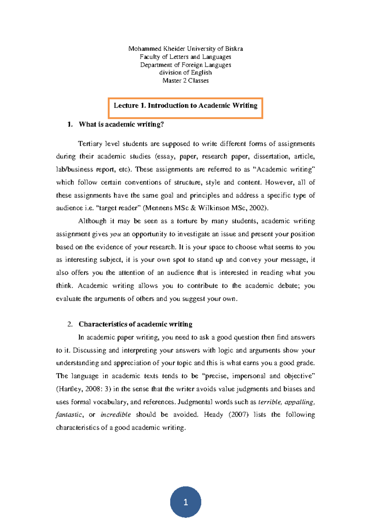 Master 2 Lecture 1: Intro to Academic Writing and Its Key Features ...