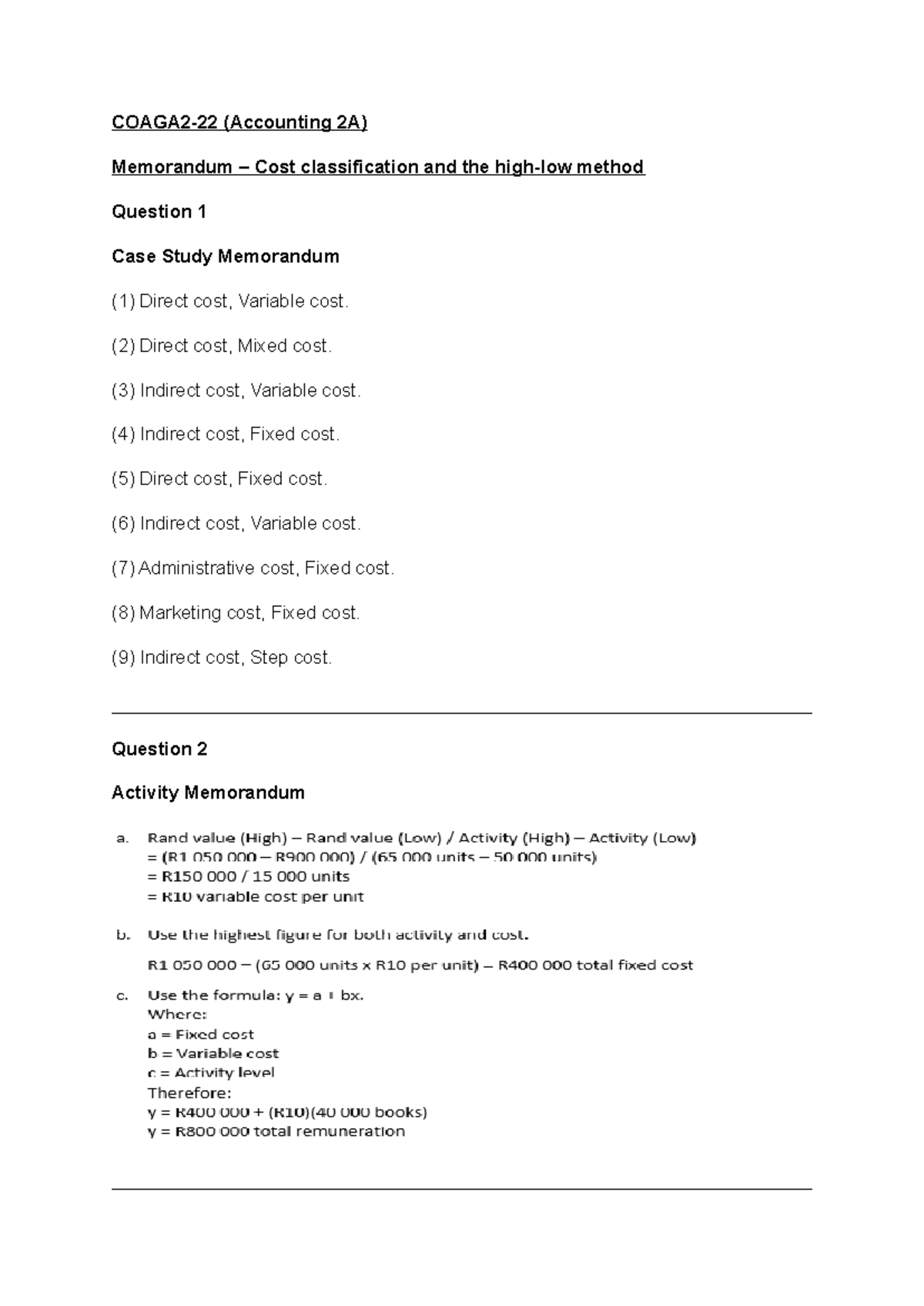 Coaga 2 - 2024 - Unit 2 - Cost classification and high-low method ...
