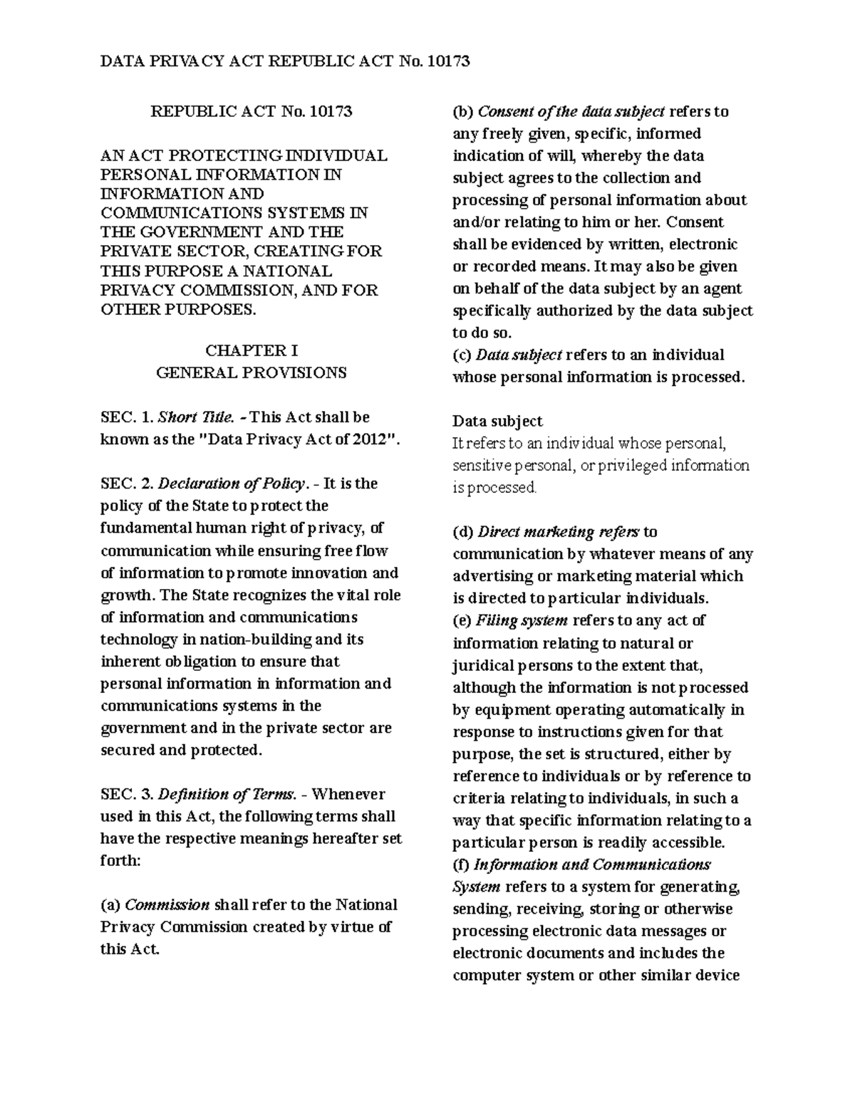 DATA PRIVACY ACT (RA No. 10173): Overview and Key Provisions - Studocu