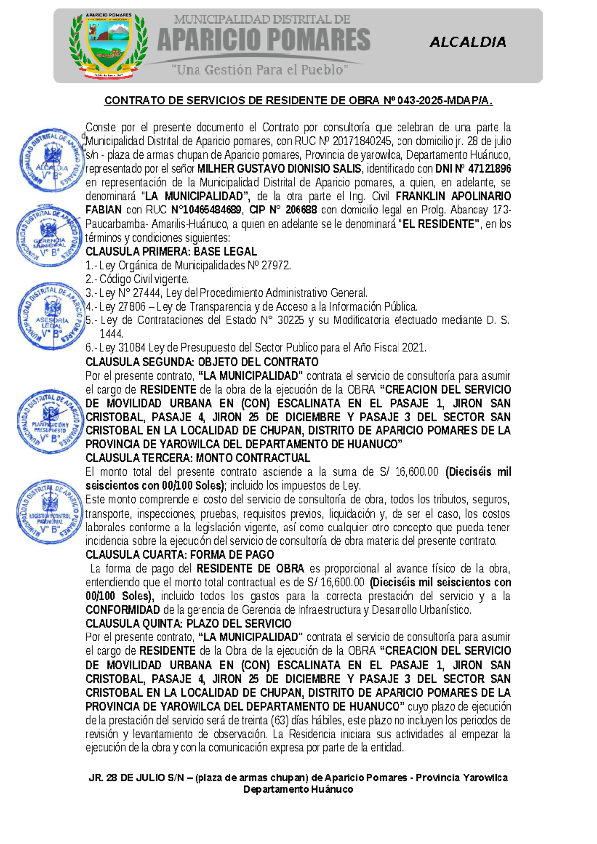 Contrato de Consultoría Residente de Obra N° 043 - 2025-MDAP/A - Document Preview