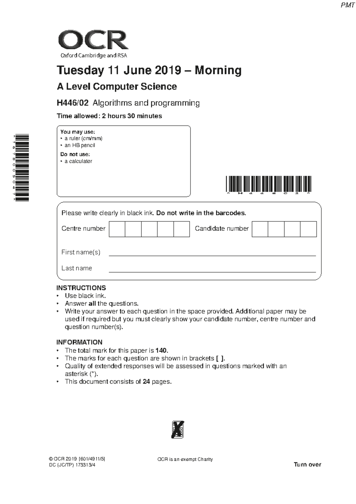 June 2019 QP - Paper 2 OCR Computer Science A-level - 7 6 7 8 0 0 5 0 4 ...