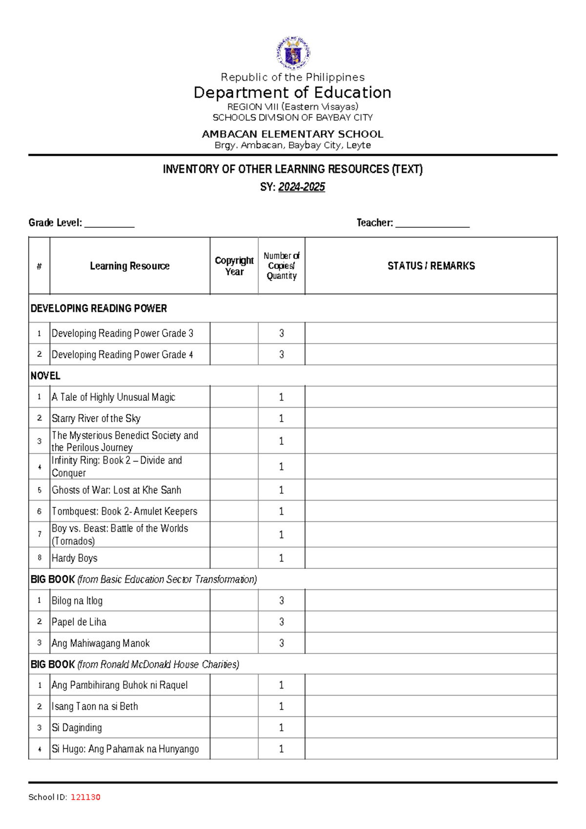 MOV-Inventory (REA bigbook,small book,novel developing reading power ...