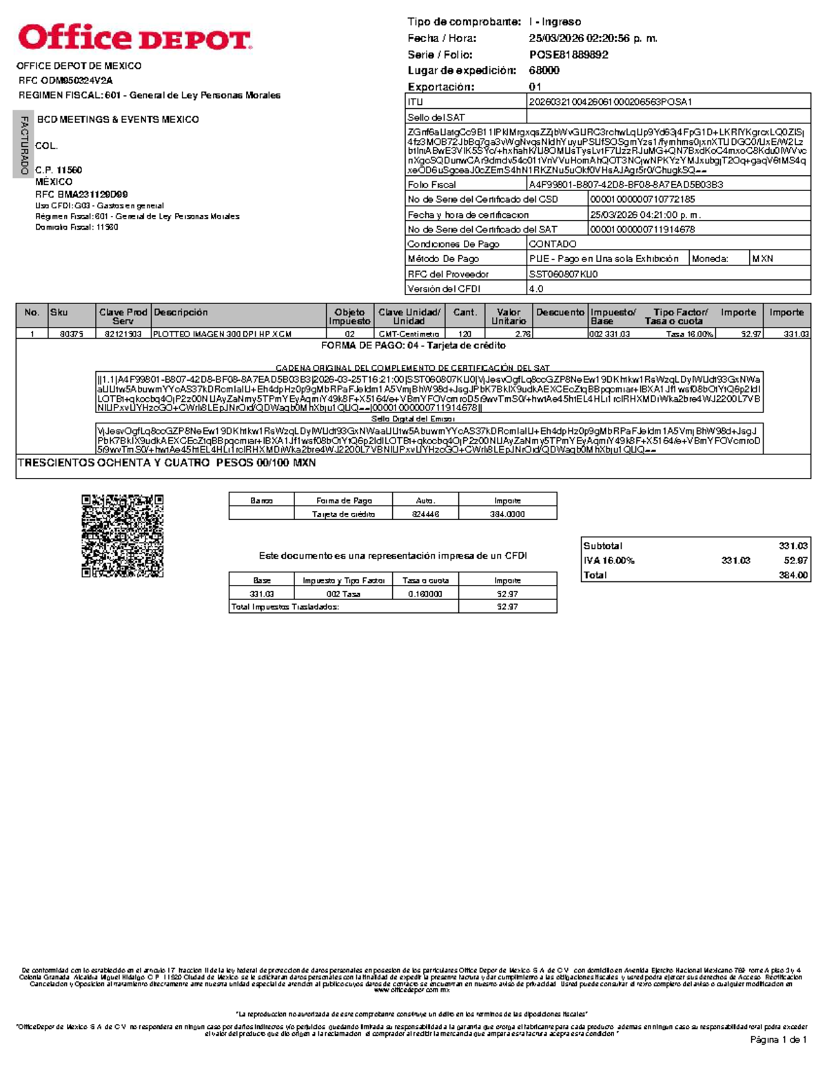 Office Depot Invoice (X9NB4Y7MRZS) - CFDI Details and Fiscal Regime ...