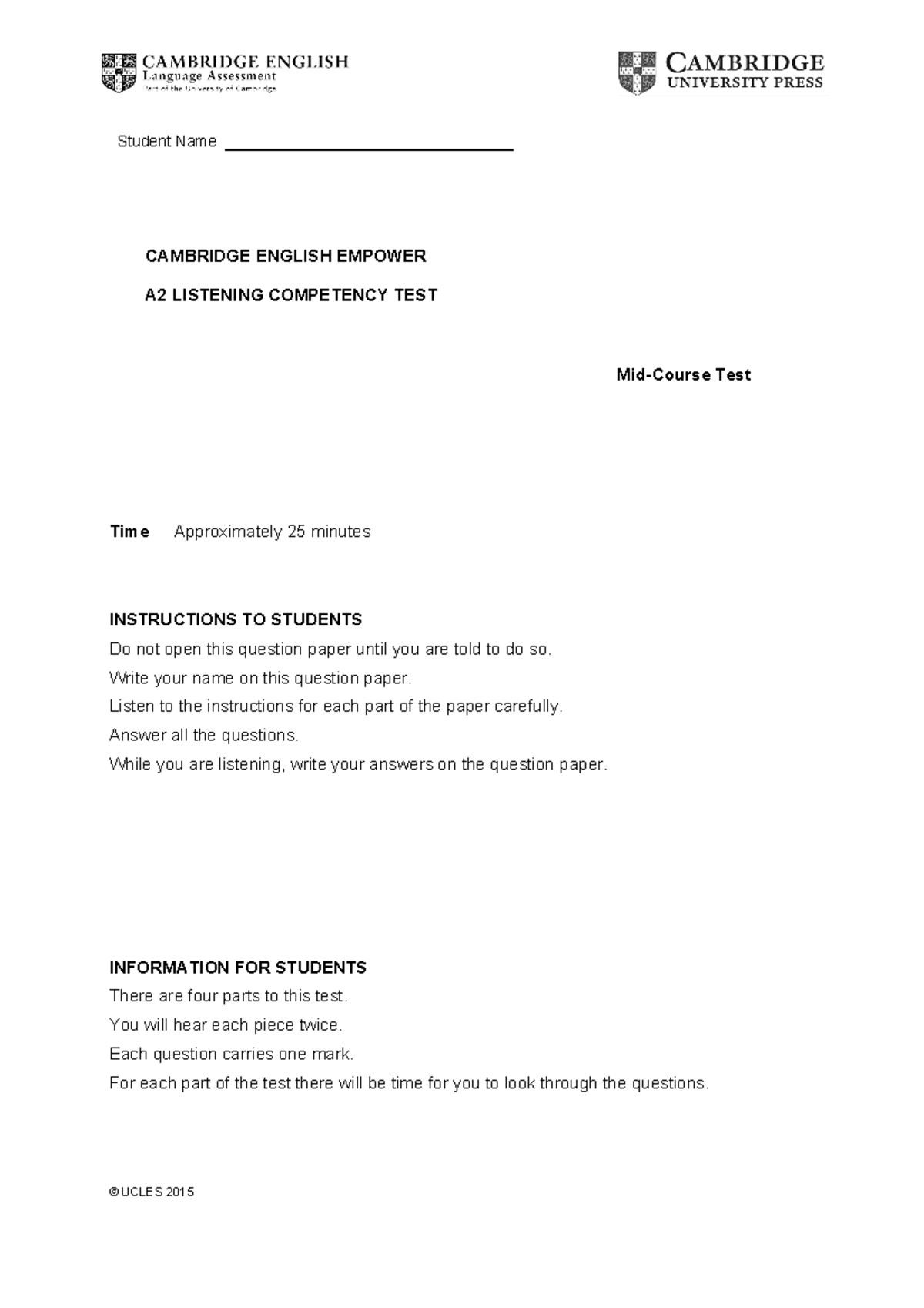 Mid-Course A2 Listening Competency Test - Cambridge English Empower ...