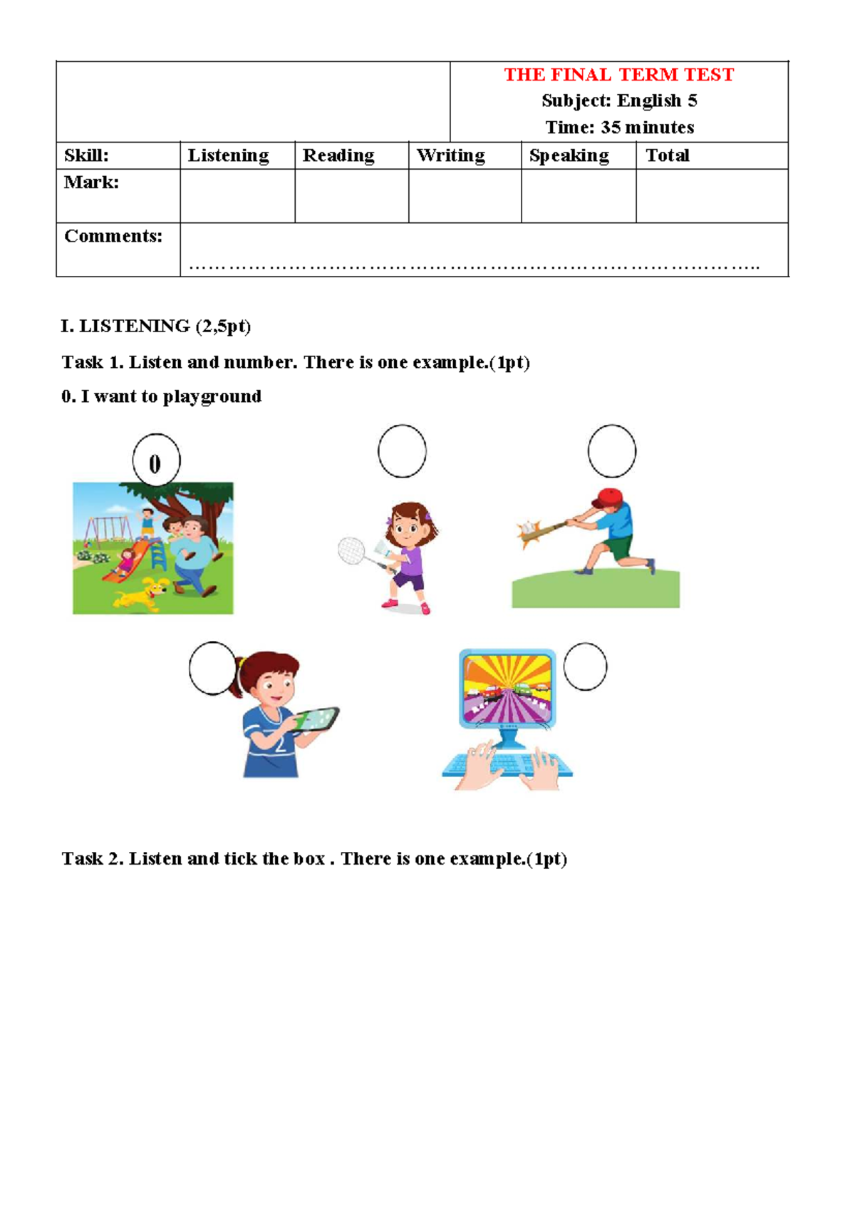 ĐỀ 1 - Tiếng Anh 5: Final Term Test Listening & Reading Skills - Studocu
