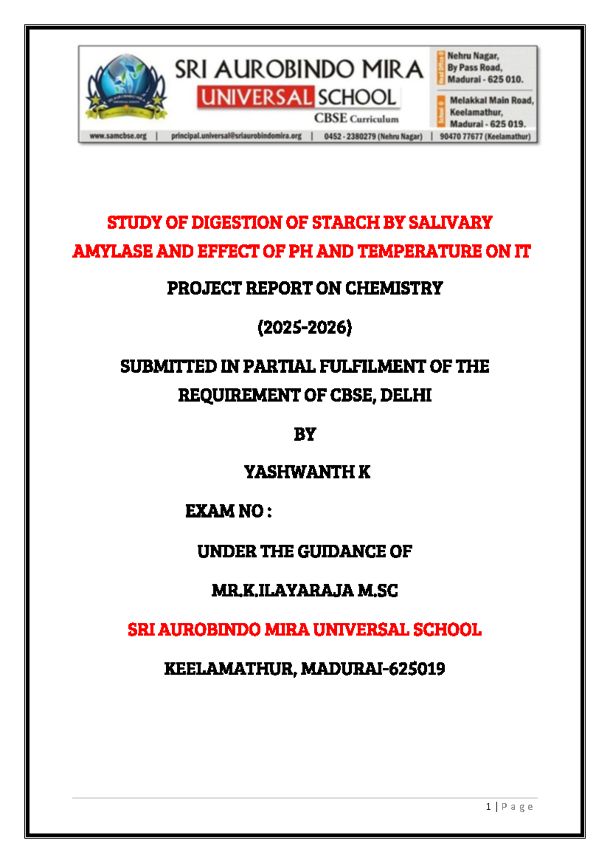 Chemistry Project Report: Digestion of Starch by Salivary Amylase - Studocu