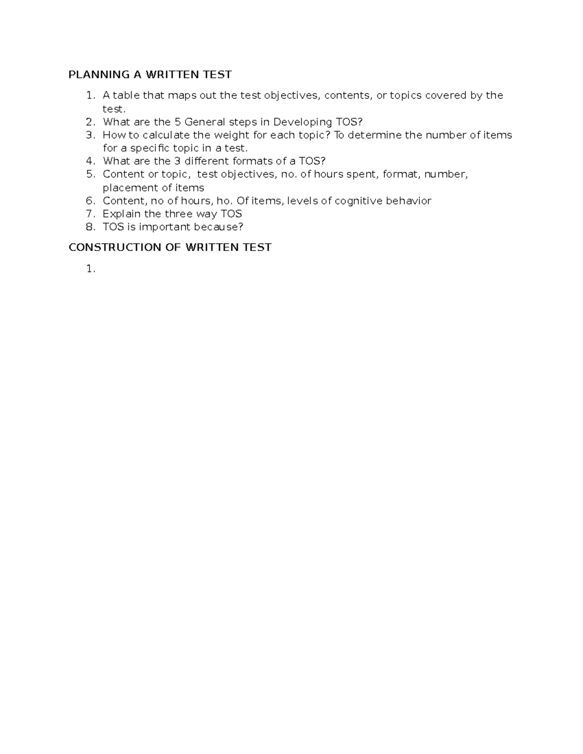 Assessment in Learning 1: Planning & Constructing Written Tests - Studocu