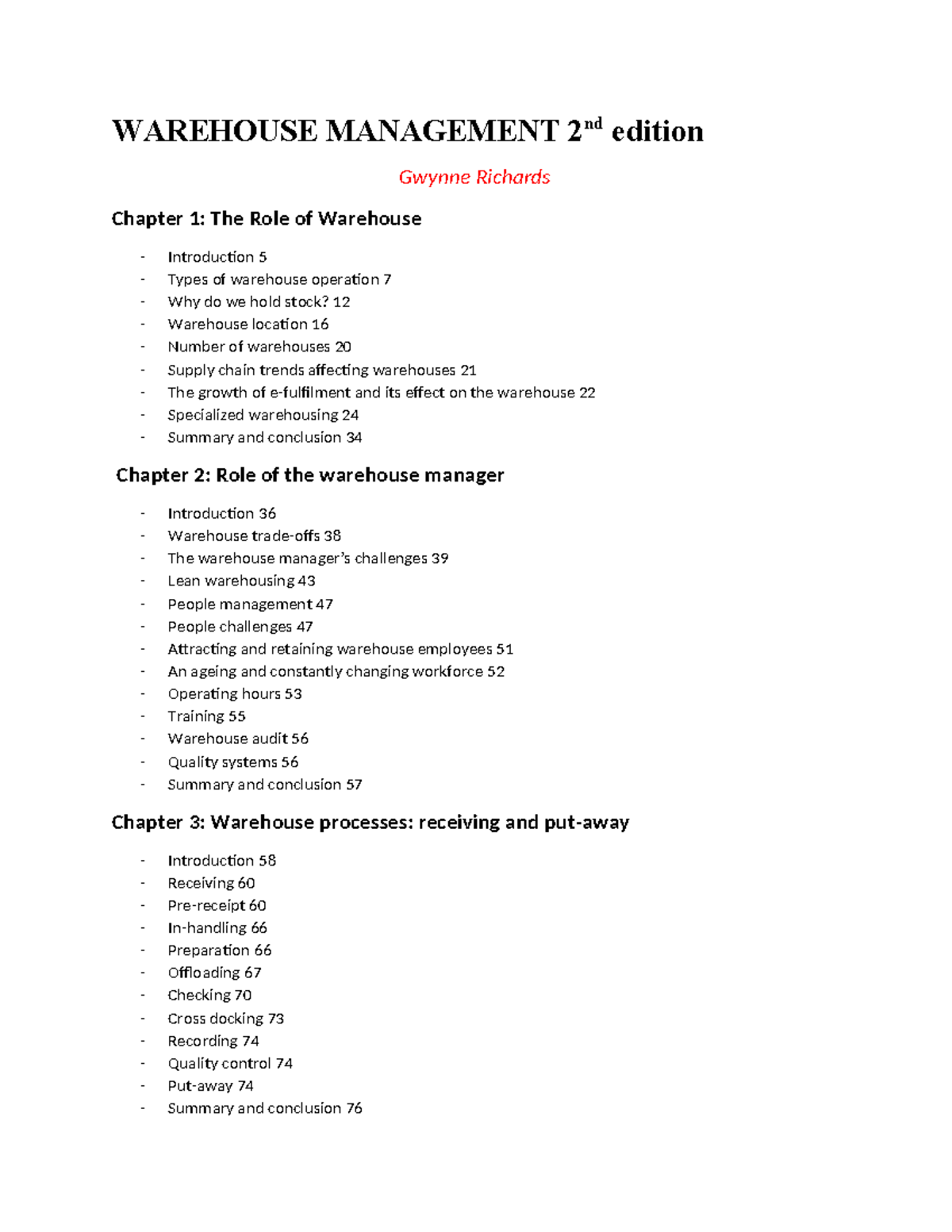 Warehouse Management (2nd Ed) - Chapter Notes and Key Concepts - Studocu
