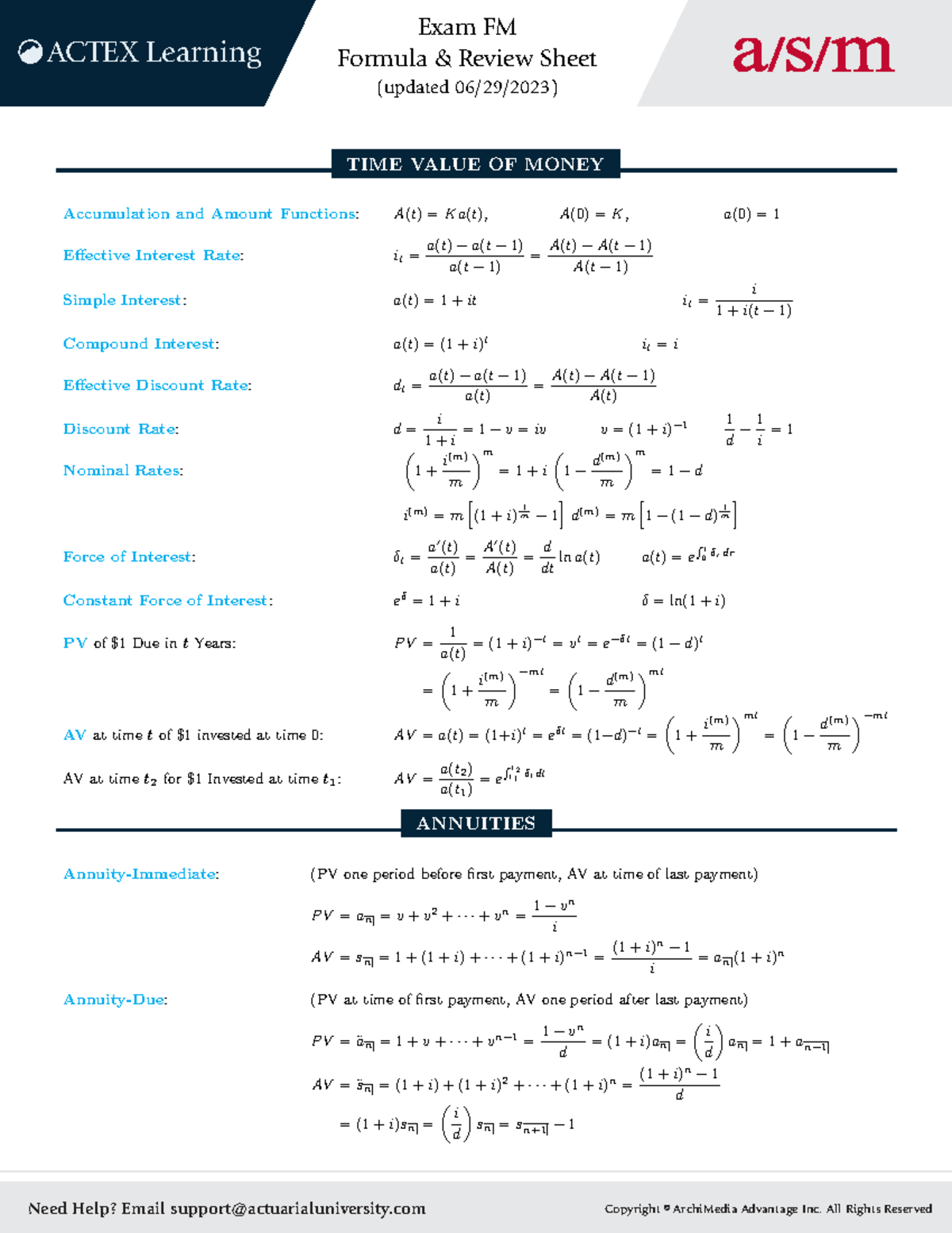 Exam FM Formula Review Sheet: Time Value of Money & Annuities - Studocu