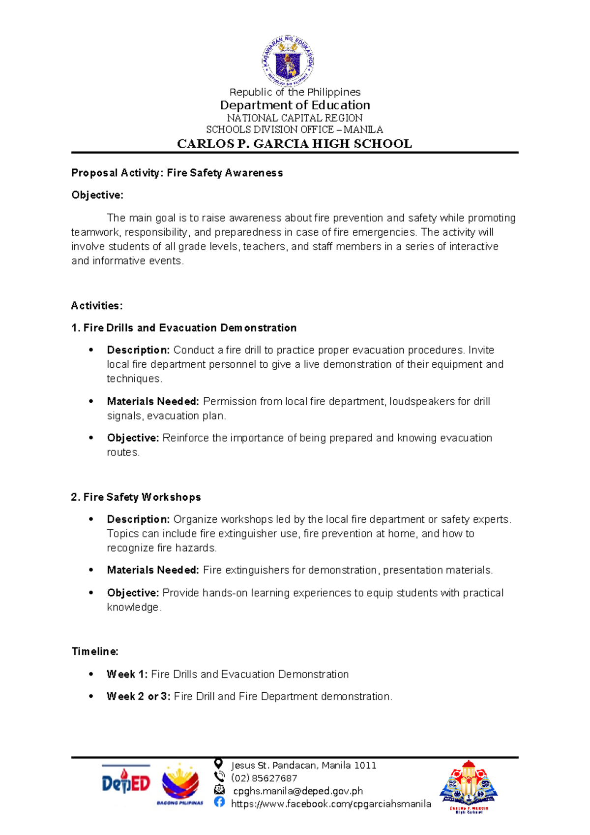 Proposal for Fire Safety Awareness Activities 2025 - Studocu