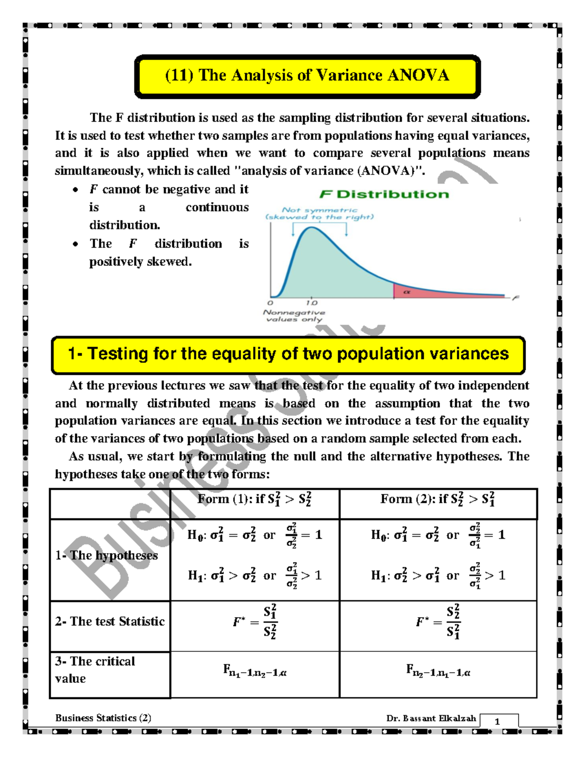 Lec 11 - STA241 - Business Statistics (2) - ANOVA Material Notes - Studocu