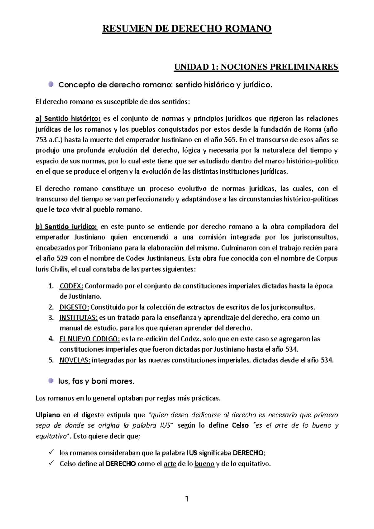 Resumen de Derecho Romano - Unidad 1: Nociones Preliminares - Studocu