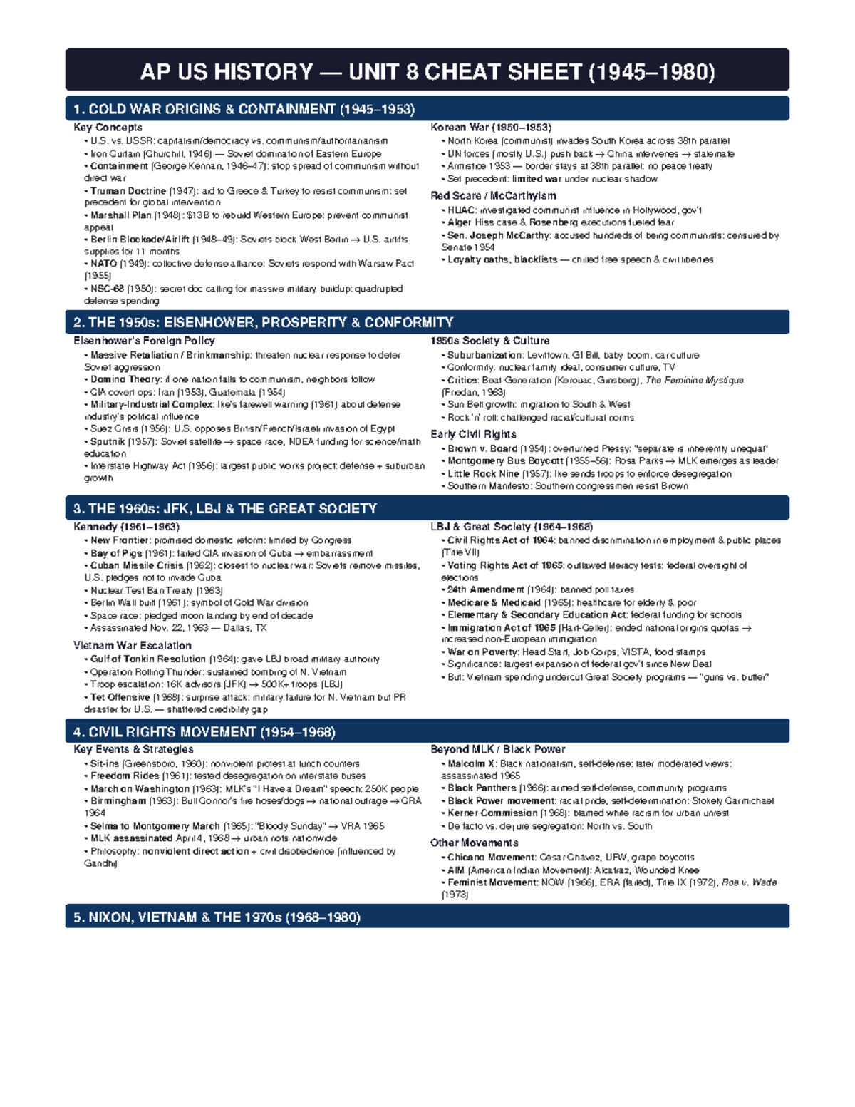 AP US HISTORY UNIT 8 CHEAT SHEET: COLD WAR TO CIVIL RIGHTS - Studocu