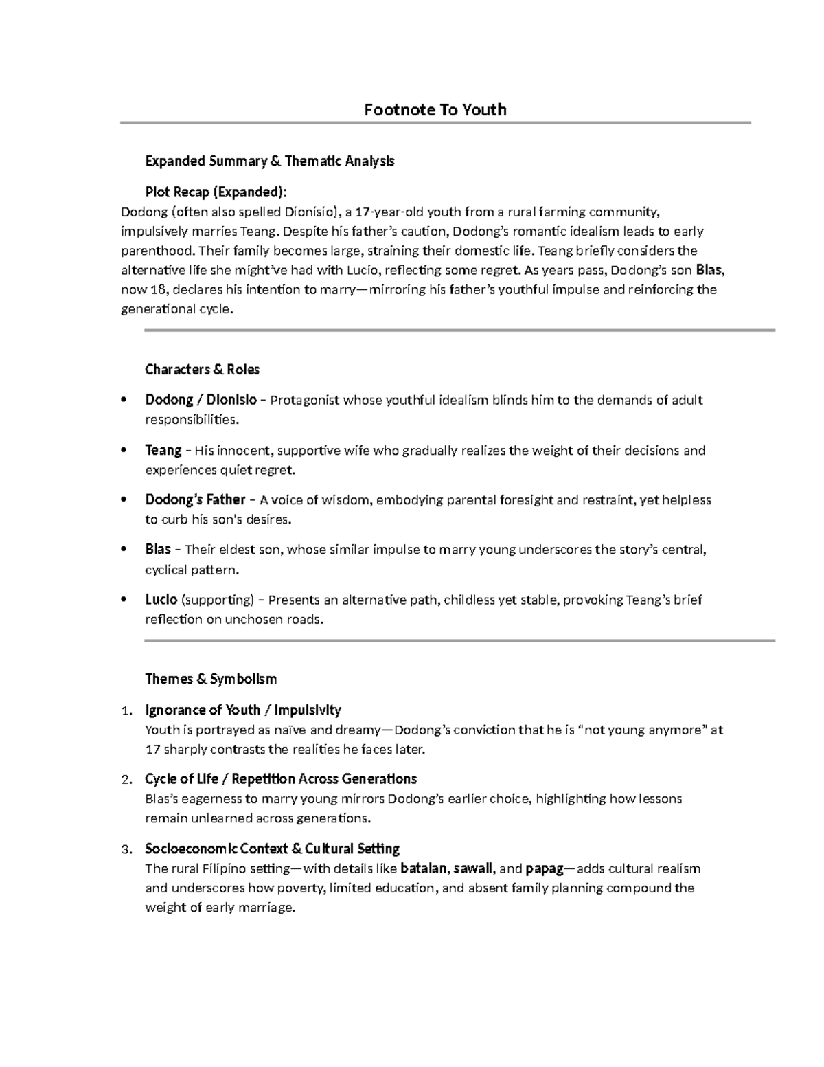 Footnote to Youth (Expanded): Thematic Analysis & Character Roles - Studocu