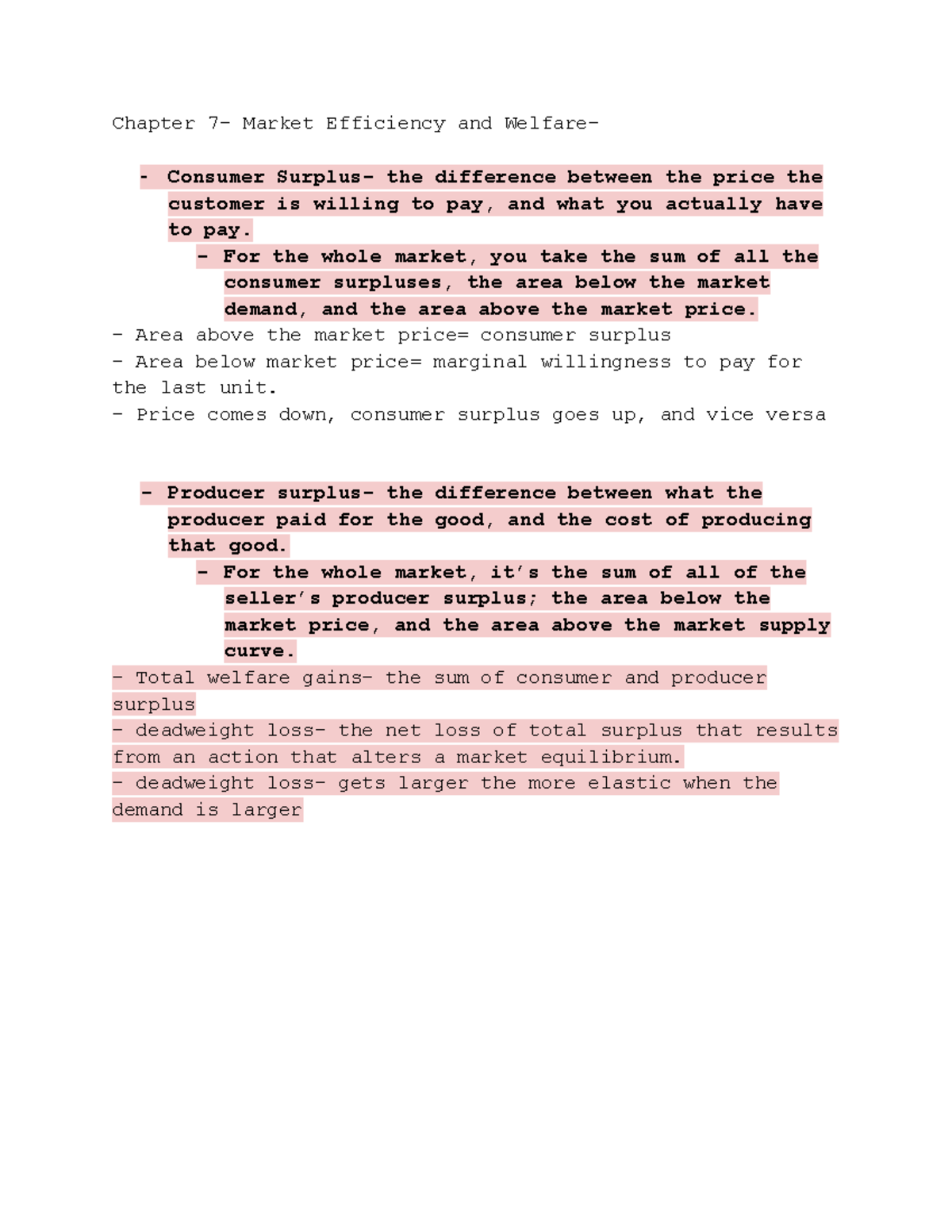 ECON 200 CH. 7. - Chapter 7- Market Efficiency and Welfare- Consumer ...