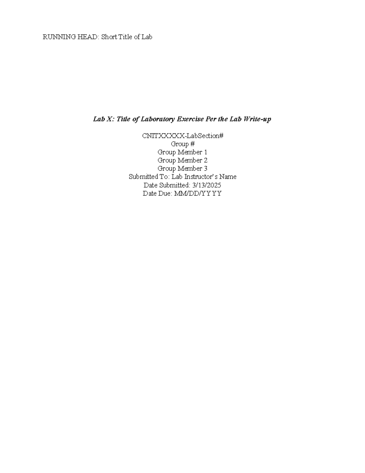 Lab Report Template - jenfja djsw - RUNNING HEAD: Short Title of Lab ...