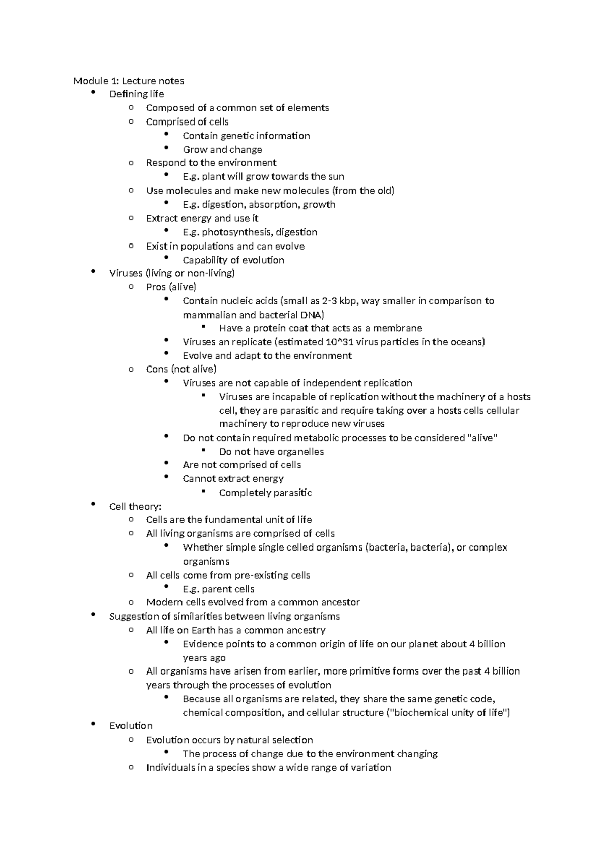 Biology 101: Module 1 lecture notes on defining life and evolution ...