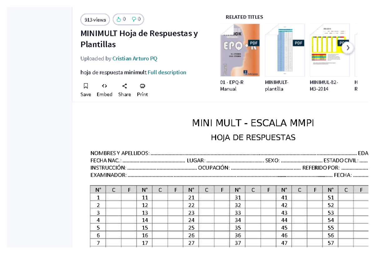 MINIMULT - Hoja de Respuestas y Plantillas para ESCALA MMPI - Studocu