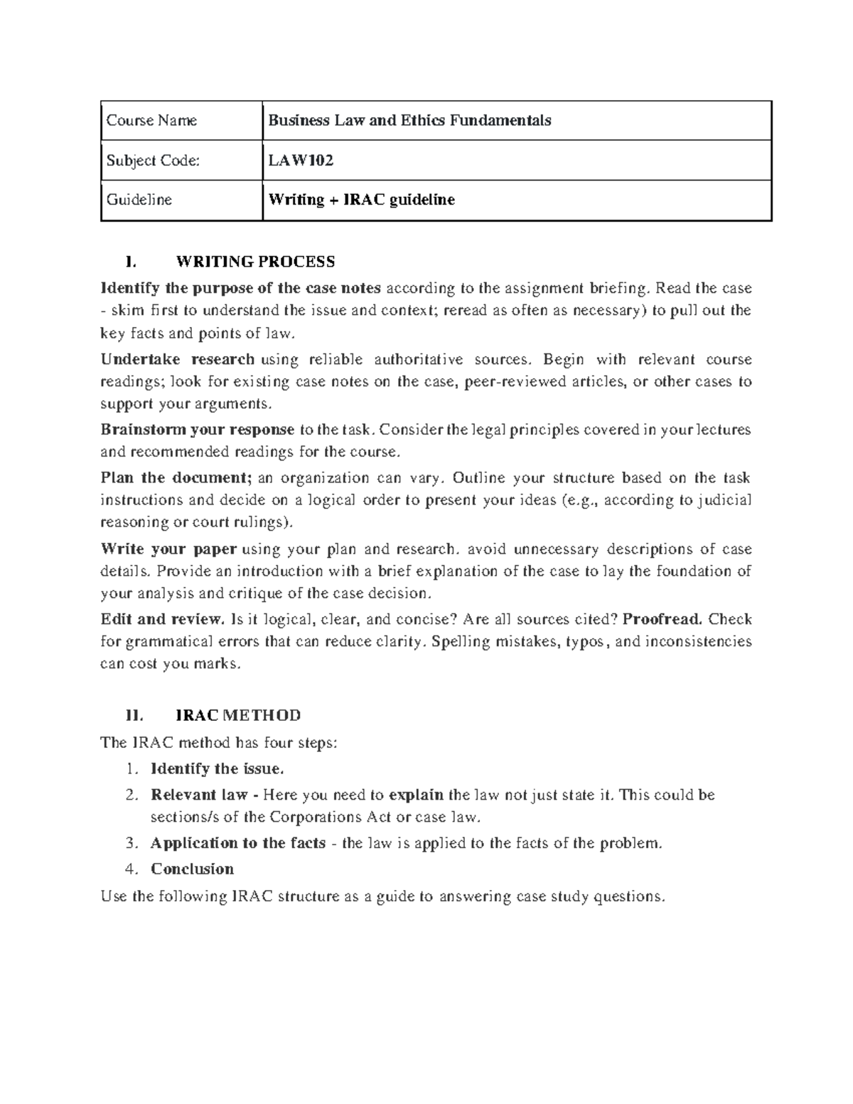 LAW102 - Writing Guidelines for IRAC Method in Business Law - Studocu
