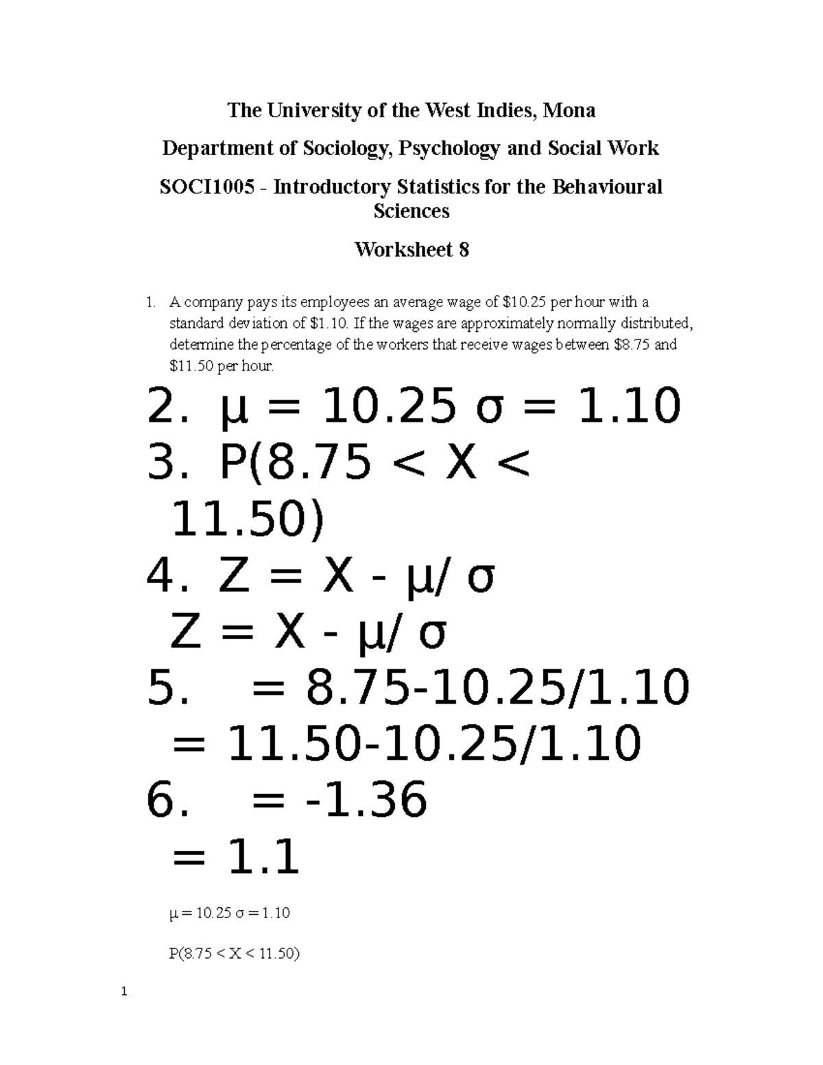 SOCI1005 - Worksheet 8: Introductory Statistics Problems - Studocu