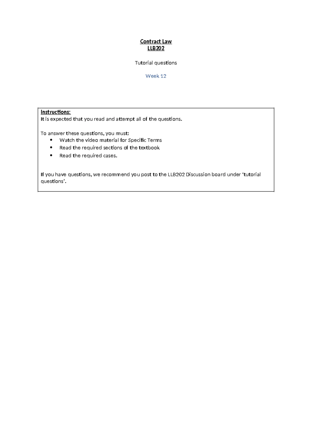 LLB202 Contract Law Week 9 Tutorial Questions and Analysis - Studocu