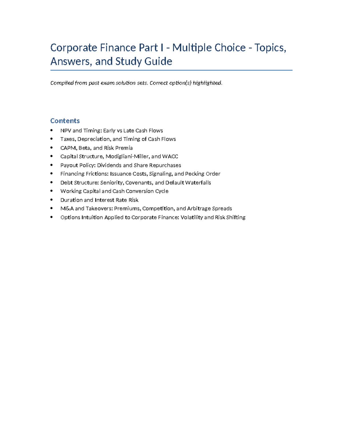 Corporate Finance Part I: MCQs Study Guide with Answers and Key Topics ...
