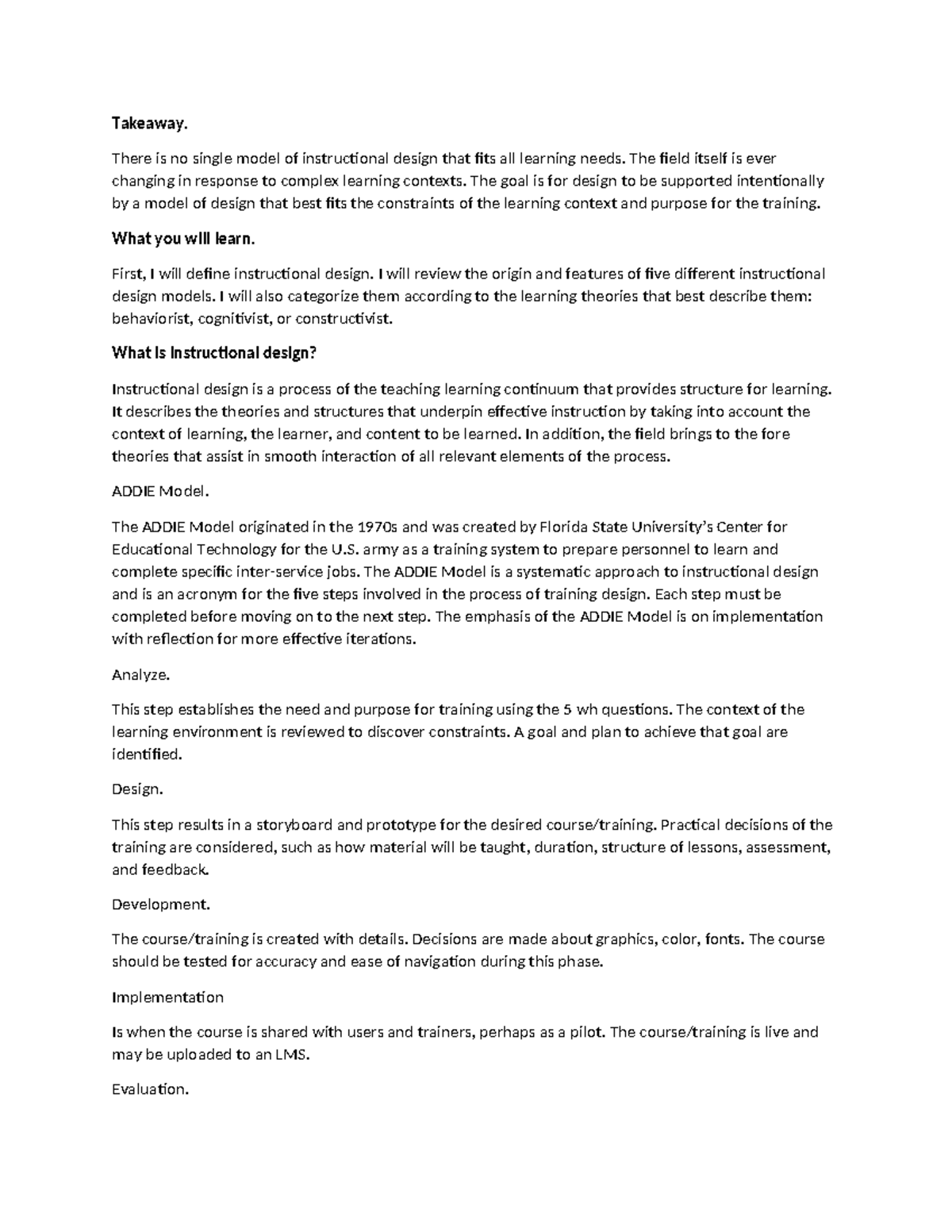 Week 1 Summary: Instructional Design Models Overview - Studocu