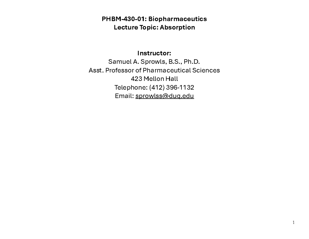 PHBM-430-01: Lecture on Drug Absorption Mechanisms and Factors - Studocu