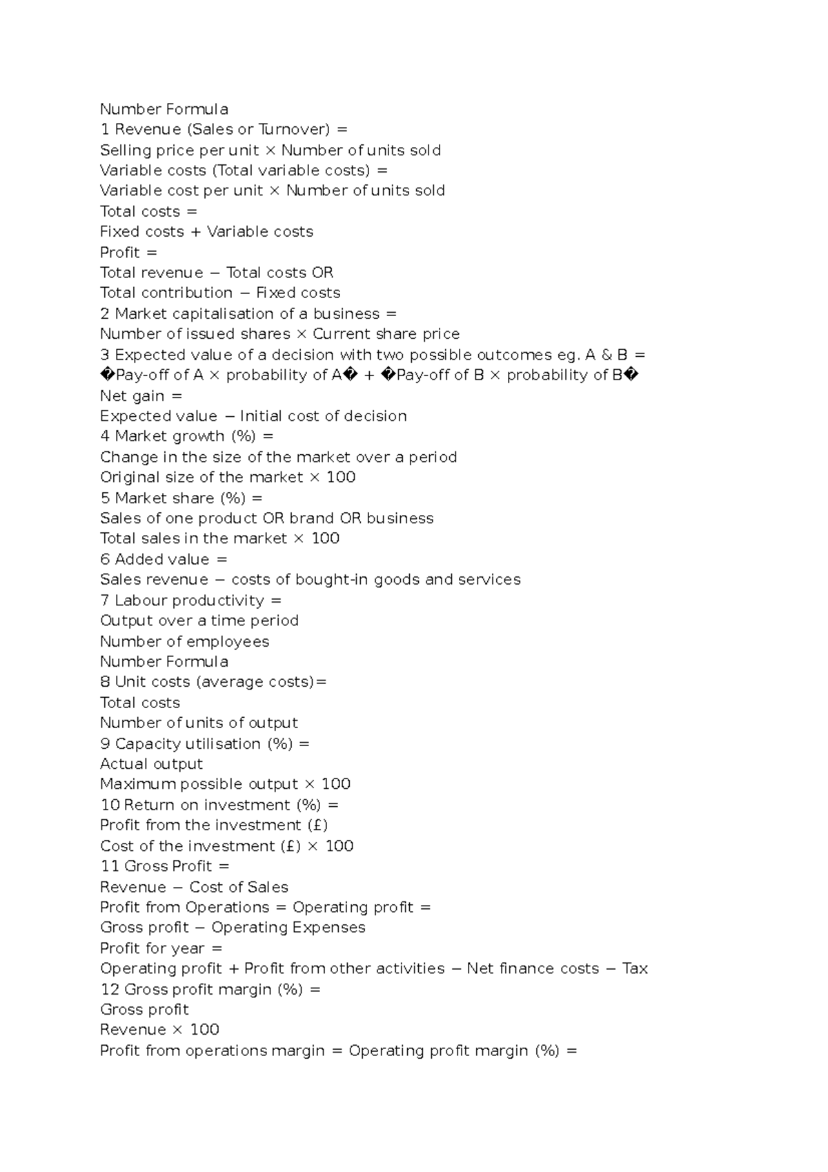 AQA A Level Business Equations - Comprehensive Formula Set - Studocu