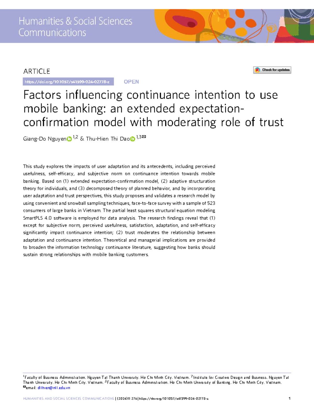 Factors Influencing Continuance Intention in Mobile Banking: A Study on ...